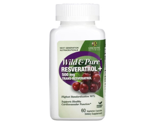 Genceutic Naturals, Чистый ресвератрол, 500 мг, 60 растительных капсул Genceutic Naturals, Чистый ресвератрол, 500 мг, 60 растительных капсул