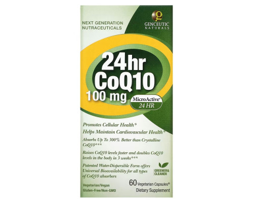 Genceutic Naturals, Коэнзим Q10 24 Часа, 100 мг, 60 капсул Genceutic Naturals, Коэнзим Q10 24 Часа, 100 мг, 60 капсул