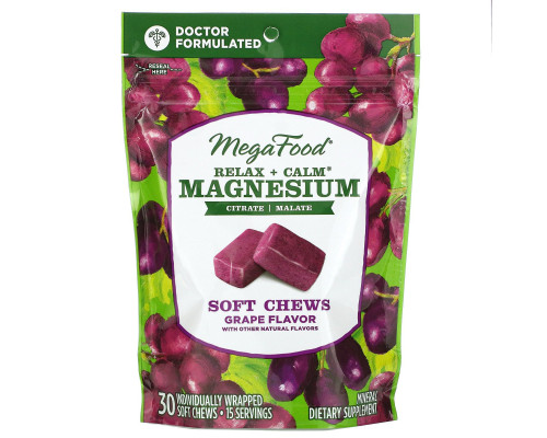 MegaFood, Relax + Calm Magnesium Soft Chews, Grape, 30 Individually Wrapped Soft Chews MegaFood, Relax + Calm Magnesium Soft Chews, Grape, 30 Individually Wrapped Soft Chews