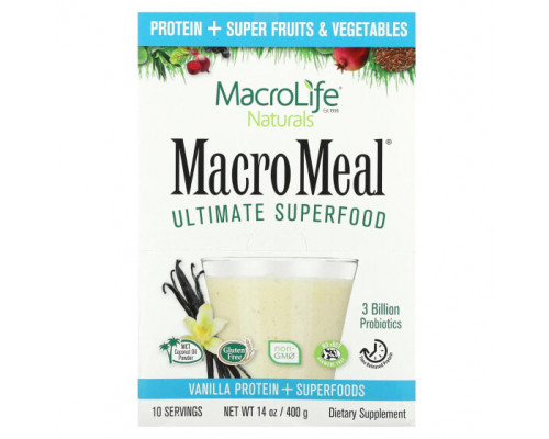 Пребиотики и пробиотики Macrolife Naturals, MacroMeal, суперфуд, ваниль, 10 пакетиков по 40 г (1,4 унции) Пребиотики и пробиотики Macrolife Naturals, MacroMeal, суперфуд, ваниль, 10 пакетиков по 40 г (1,4 унции)