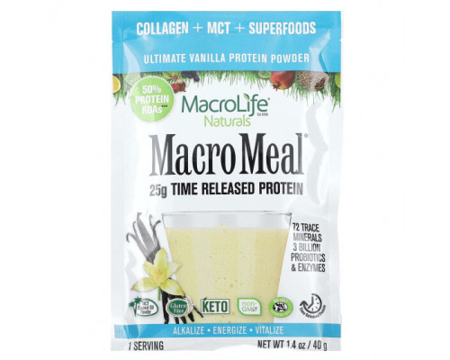 Пребиотики и пробиотики Macrolife Naturals, MacroMeal, суперфуд, ваниль, 10 пакетиков по 40 г (1,4 унции) Пребиотики и пробиотики Macrolife Naturals, MacroMeal, суперфуд, ваниль, 10 пакетиков по 40 г (1,4 унции)