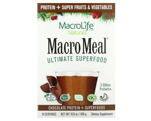 Пребиотики и пробиотики Macrolife Naturals, MacroMeal, суперфуд, шоколад, 10 пакетиков по 45 г (1,6 унции) Пребиотики и пробиотики Macrolife Naturals, MacroMeal, суперфуд, шоколад, 10 пакетиков по 45 г (1,6 унции)