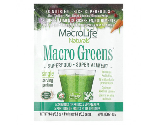Суперфуды Macrolife Naturals, Macro Greens, суперфуд, 12 пакетиков по 9,4 г (0,3 унции) Суперфуды Macrolife Naturals, Macro Greens, суперфуд, 12 пакетиков по 9,4 г (0,3 унции)