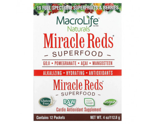 Фрукты и ягоды Macrolife Naturals, Miracle Reds, суперфуд, годжи, гранат, асаи, мангостан, 12 пакетиков по 9,5 г (0,3 унции) Фрукты и ягоды Macrolife Naturals, Miracle Reds, суперфуд, годжи, гранат, асаи, мангостан, 12 пакетиков по 9,5 г (0,3 унции)