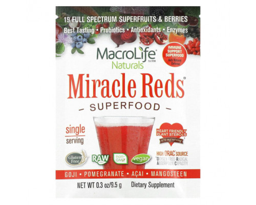 Фрукты и ягоды Macrolife Naturals, Miracle Reds, суперфуд, годжи, гранат, асаи, мангостан, 12 пакетиков по 9,5 г (0,3 унции) Фрукты и ягоды Macrolife Naturals, Miracle Reds, суперфуд, годжи, гранат, асаи, мангостан, 12 пакетиков по 9,5 г (0,3 унции)