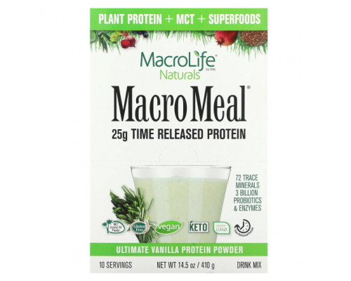 Пребиотики и пробиотики Macrolife Naturals, MacroMeal, протеиновый порошок высшего качества, с ванилью, 10 пакетиков по 41 г (1,4 унции) Пребиотики и пробиотики Macrolife Naturals, MacroMeal, протеиновый порошок высшего качества, с ванилью, 10 пакетиков по 41 г (1,4 унции)