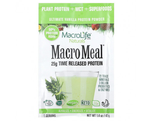 Пребиотики и пробиотики Macrolife Naturals, MacroMeal, протеиновый порошок высшего качества, с ванилью, 10 пакетиков по 41 г (1,4 унции) Пребиотики и пробиотики Macrolife Naturals, MacroMeal, протеиновый порошок высшего качества, с ванилью, 10 пакетиков по 41 г (1,4 унции)