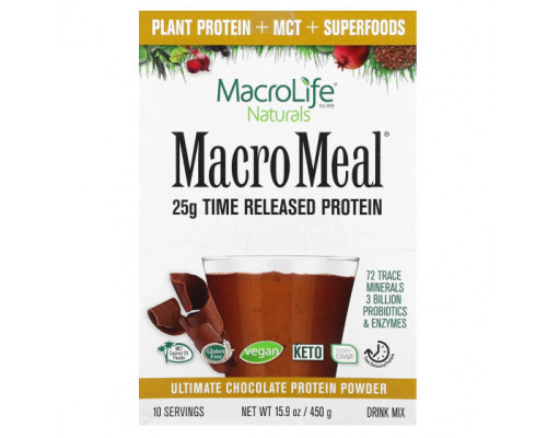 Пребиотики и пробиотики Macrolife Naturals, MacroMeal Ultimate Protein Powder, шоколад, 10 пакетиков по 45 г (1,6 унции) Пребиотики и пробиотики Macrolife Naturals, MacroMeal Ultimate Protein Powder, шоколад, 10 пакетиков по 45 г (1,6 унции)