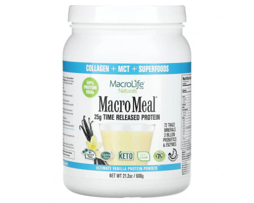 Пребиотики и пробиотики Macrolife Naturals, MacroMeal, протеиновый порошок высшего качества, ваниль, 600 г (21,2 унции) Пребиотики и пробиотики Macrolife Naturals, MacroMeal, протеиновый порошок высшего качества, ваниль, 600 г (21,2 унции)