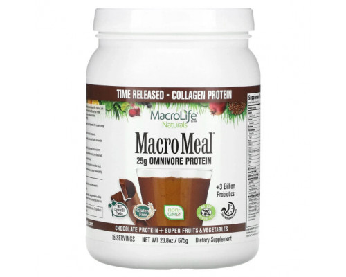 Пребиотики и пробиотики Macrolife Naturals, MacroMeal, протеин, суперфрукты и овощи, шоколад, 675 г (23,8 унции) Пребиотики и пробиотики Macrolife Naturals, MacroMeal, протеин, суперфрукты и овощи, шоколад, 675 г (23,8 унции)