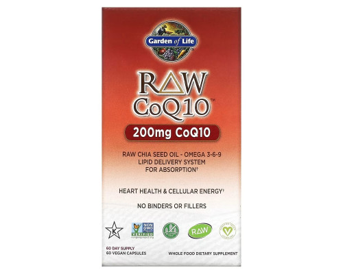 Garden of Life, Коэнзим Q10 из необработанных продуктов, 200 мг, 60 вегетарианских капсул Garden of Life, Коэнзим Q10 из необработанных продуктов, 200 мг, 60 вегетарианских капсул