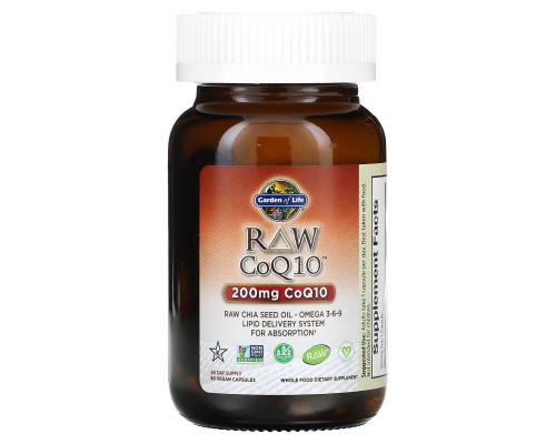 Garden of Life, Коэнзим Q10 из необработанных продуктов, 200 мг, 60 вегетарианских капсул Garden of Life, Коэнзим Q10 из необработанных продуктов, 200 мг, 60 вегетарианских капсул