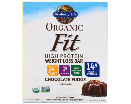 Garden of Life, Organic Fit, Высокобелковый Батончик для Эффективной Потери Веса, Шоколадная Помадка, 12 Батончиков, по 1,9 унции (55 г) Каждый Garden of Life, Organic Fit, Высокобелковый Батончик для Эффективной Потери Веса, Шоколадная Помадка, 12 Батончиков, по 1,9 унции (55 г) Каждый