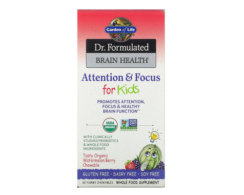 Garden of Life, Dr. Formulated для мозга, внимания и концентрации у детей, вкус органического арбуза и ягод, 60 вкусных жевательных таблеток