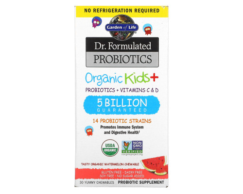 Garden of Life, Пробиотическая добавка, Organic Kids +, + C и D, 5 млрд, вкусный органический арбуз, 30 вкусных жевательных драже Garden of Life, Пробиотическая добавка, Organic Kids +, + C и D, 5 млрд, вкусный органический арбуз, 30 вкусных жевательных драже