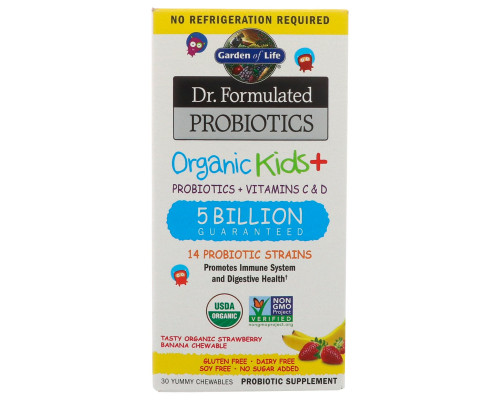 Garden of Life, Пробиотическая добавка Dr. Formulated Probiotics, Organic Kids + витамины C и D, 5 млрд, клюква и банан, 30 жевательных драже Garden of Life, Пробиотическая добавка Dr. Formulated Probiotics, Organic Kids + витамины C и D, 5 млрд, клюква и банан, 30 жевательных драже