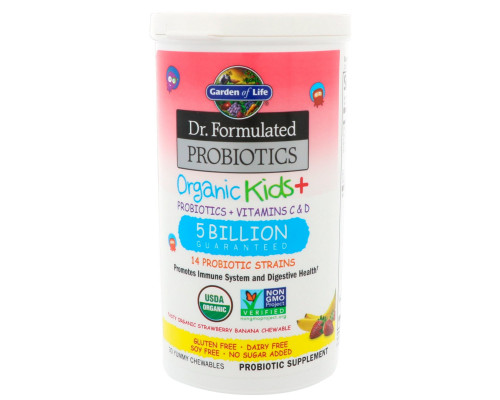 Garden of Life, Пробиотическая добавка Dr. Formulated Probiotics, Organic Kids + витамины C и D, 5 млрд, клюква и банан, 30 жевательных драже Garden of Life, Пробиотическая добавка Dr. Formulated Probiotics, Organic Kids + витамины C и D, 5 млрд, клюква и банан, 30 жевательных драже