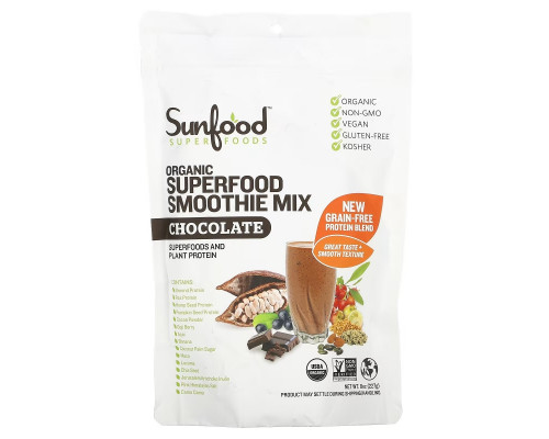 Sunfood, Смесь для смуззи с органическим шоколадом и суперфудами, 8 унций (227 г) Sunfood, Смесь для смуззи с органическим шоколадом и суперфудами, 8 унций (227 г)