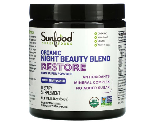 Sunfood, Organic Night Beauty, восстанавливающая смесь с ягодами и манго, 240 г (8,46 унции) Sunfood, Organic Night Beauty, восстанавливающая смесь с ягодами и манго, 240 г (8,46 унции)