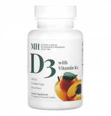 Michael's Naturopathic, Витамин D3, с витамином K2, натуральным абрикосовым вкусом, 5000 ИЕ, 90 жевательных таблеток