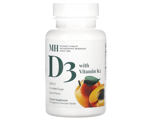Michael's Naturopathic, Витамин D3, с витамином K2, натуральным абрикосовым вкусом, 5000 ИЕ, 90 жевательных таблеток Michael's Naturopathic, Витамин D3, с витамином K2, натуральным абрикосовым вкусом, 5000 ИЕ, 90 жевательных таблеток