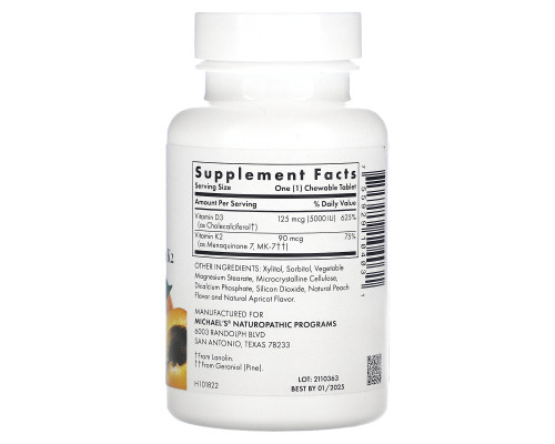 Michael's Naturopathic, Витамин D3, с витамином K2, натуральным абрикосовым вкусом, 5000 ИЕ, 90 жевательных таблеток Michael's Naturopathic, Витамин D3, с витамином K2, натуральным абрикосовым вкусом, 5000 ИЕ, 90 жевательных таблеток