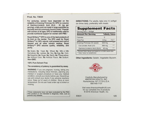 American Health, Масло вечерней примулы Royal Brittany, 500 мг, 2 бутылочки по 200 мягких капсул American Health, Масло вечерней примулы Royal Brittany, 500 мг, 2 бутылочки по 200 мягких капсул