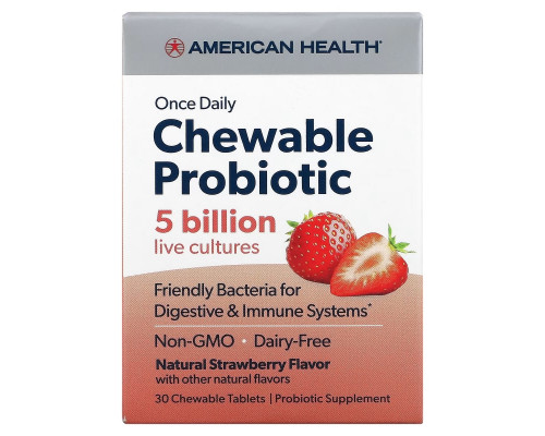 American Health, Once Daily Chewable Probiotic, Natural Strawberry, 5 Billion CFU, 30 Chewable Tablets American Health, Once Daily Chewable Probiotic, Natural Strawberry, 5 Billion CFU, 30 Chewable Tablets