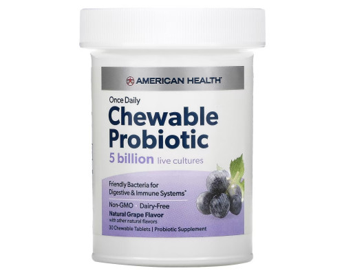 American Health, Once Daily Chewable Probiotic, Natural Grape , 5 Billion CFU, 30 Chewable Tablets American Health, Once Daily Chewable Probiotic, Natural Grape , 5 Billion CFU, 30 Chewable Tablets
