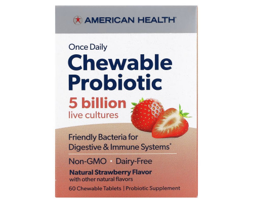 American Health, Once Daily Chewable Probiotic, Natural Strawberry, 5 Billion CFU, 60 Chewable Tablets American Health, Once Daily Chewable Probiotic, Natural Strawberry, 5 Billion CFU, 60 Chewable Tablets