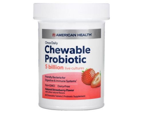 American Health, Once Daily Chewable Probiotic, Natural Strawberry, 5 Billion CFU, 60 Chewable Tablets American Health, Once Daily Chewable Probiotic, Natural Strawberry, 5 Billion CFU, 60 Chewable Tablets