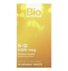 Витамины группы B Bio Nutrition, Витамин B12, вишня, 6000 мкг, 50 жевательных таблеток