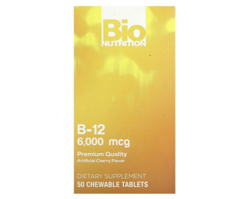 Витамины группы B Bio Nutrition, Витамин B12, вишня, 6000 мкг, 50 жевательных таблеток Витамины группы B Bio Nutrition, Витамин B12, вишня, 6000 мкг, 50 жевательных таблеток
