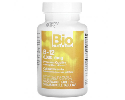 Витамины группы B Bio Nutrition, Витамин B12, вишня, 6000 мкг, 50 жевательных таблеток Витамины группы B Bio Nutrition, Витамин B12, вишня, 6000 мкг, 50 жевательных таблеток