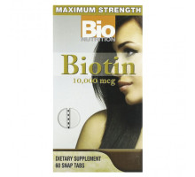 Для волос и ногтей Bio Nutrition, Биотин, максимальная эффективность, 10 000 мкг, 60 таблеток