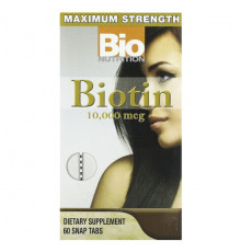 Для волос и ногтей Bio Nutrition, Биотин, максимальная эффективность, 10 000 мкг, 60 таблеток