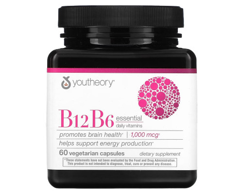 Youtheory, B12 B6, Essential Daily Vitamins, 1,000 mcg, 60 Vegetarian Capsules Youtheory, B12 B6, Essential Daily Vitamins, 1,000 mcg, 60 Vegetarian Capsules