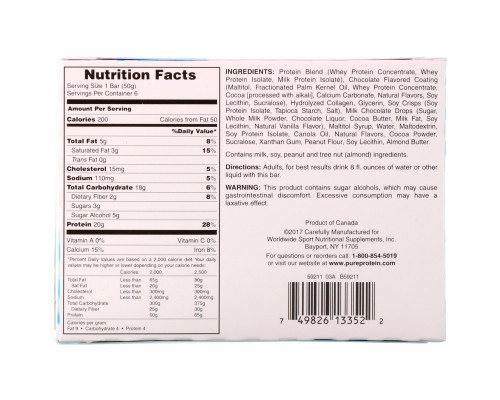 Pure Protein, Жевательный батончик с шоколадной крошкой, 6 батончиков, 1,76 унции (50 г) каждый