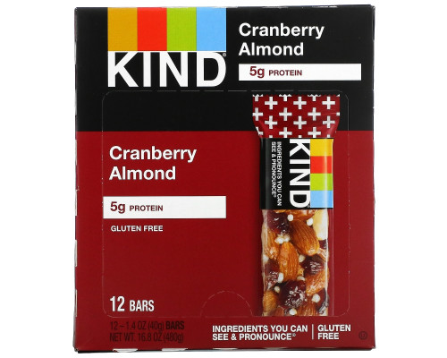 KIND Bars Kind Plus батончики с клюквой миндалем и антиоксидантами 12 батончиков по 14 унции (40 г) каждый KIND Bars Kind Plus батончики с клюквой миндалем и антиоксидантами 12 батончиков по 14 унции (40 г) каждый