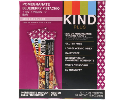 KIND Bars Батончики Plus гранат фисташки черника + антиоксиданты 12 батончиков 14 унции (40 г) каждый KIND Bars Батончики Plus гранат фисташки черника + антиоксиданты 12 батончиков 14 унции (40 г) каждый