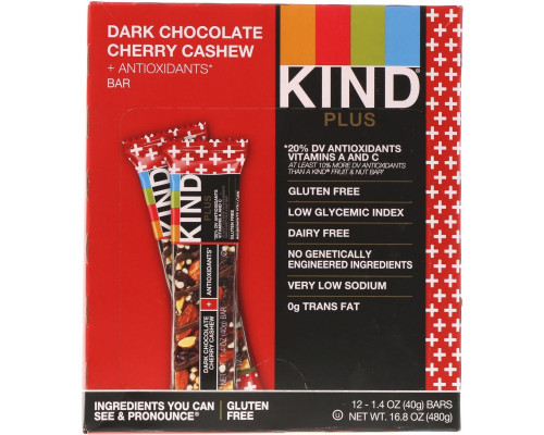 KIND Батончики Kind Plus с темным шоколадом, вишней, кешью + антиоксиданты 12 батончиков1,4 унции (40 г) каждый KIND Батончики Kind Plus с темным шоколадом, вишней, кешью + антиоксиданты 12 батончиков1,4 унции (40 г) каждый