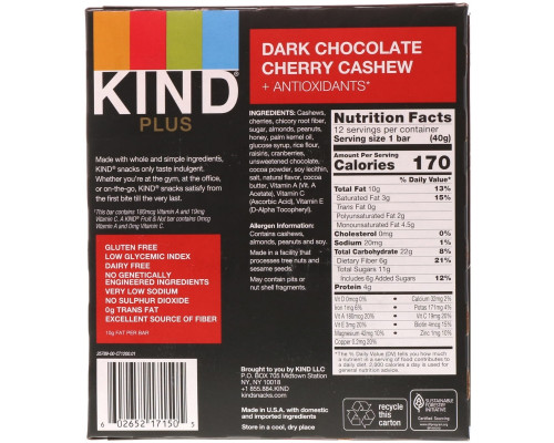 KIND Батончики Kind Plus с темным шоколадом, вишней, кешью + антиоксиданты 12 батончиков1,4 унции (40 г) каждый KIND Батончики Kind Plus с темным шоколадом, вишней, кешью + антиоксиданты 12 батончиков1,4 унции (40 г) каждый