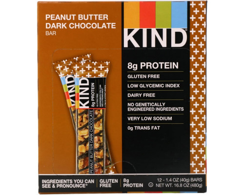 KIND Bars Plus фруктовые и ореховые батончики арахисовое масло с темным шоколадом + протеин 12 батончиков 14 унции (40 г) каждый KIND Bars Plus фруктовые и ореховые батончики арахисовое масло с темным шоколадом + протеин 12 батончиков 14 унции (40 г) каждый