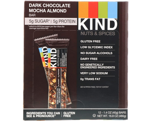 KIND Bars "Орехи со специями" с темным шоколадом мокко и миндалем 12 батончиков по 1.4 унций (40 г) KIND Bars "Орехи со специями" с темным шоколадом мокко и миндалем 12 батончиков по 1.4 унций (40 г)