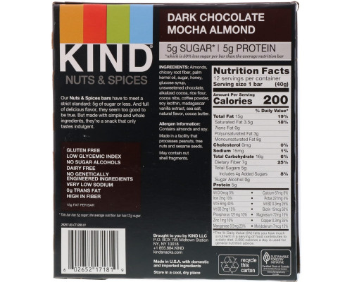 KIND Bars "Орехи со специями" с темным шоколадом мокко и миндалем 12 батончиков по 1.4 унций (40 г) KIND Bars "Орехи со специями" с темным шоколадом мокко и миндалем 12 батончиков по 1.4 унций (40 г)