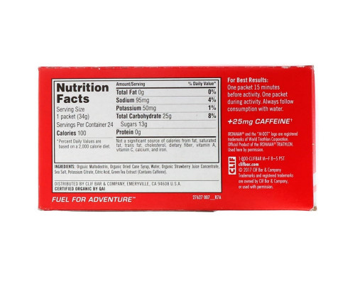 Clif Bar Shot Энергетический гель Клубника + Кофеин 24 пакетика 1.2 унций (34 г) каждый Clif Bar Shot Энергетический гель Клубника + Кофеин 24 пакетика 1.2 унций (34 г) каждый