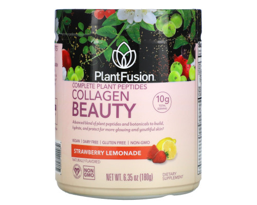 PlantFusion, Комплекс с растительными пептидами, Collagen Beauty, клубничный лимонад, 180 г PlantFusion, Комплекс с растительными пептидами, Collagen Beauty, клубничный лимонад, 180 г