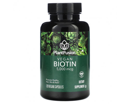 Для здоровья кожи PlantFusion, Веганский биотин, 5000 мкг, 120 веганских капсул Для здоровья кожи PlantFusion, Веганский биотин, 5000 мкг, 120 веганских капсул