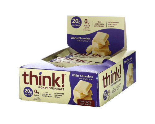 ThinkThin, Высокопротеиновый батончик, белый шоколад, 10 батончиков, 2,1 унции (60 г) каждый ThinkThin, Высокопротеиновый батончик, белый шоколад, 10 батончиков, 2,1 унции (60 г) каждый