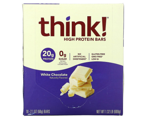 ThinkThin, Высокопротеиновый батончик, белый шоколад, 10 батончиков, 2,1 унции (60 г) каждый ThinkThin, Высокопротеиновый батончик, белый шоколад, 10 батончиков, 2,1 унции (60 г) каждый